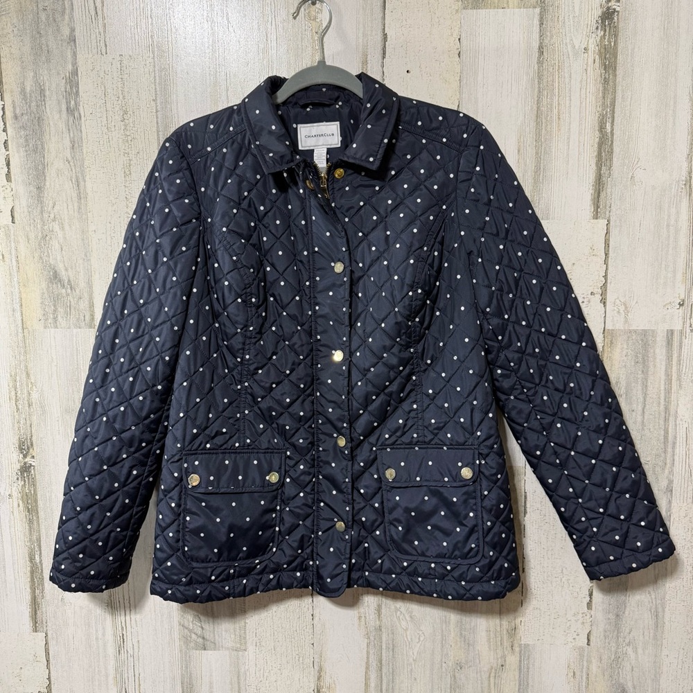 Charter Club Navy Quilted Puffy Jacket with White Polka Dots